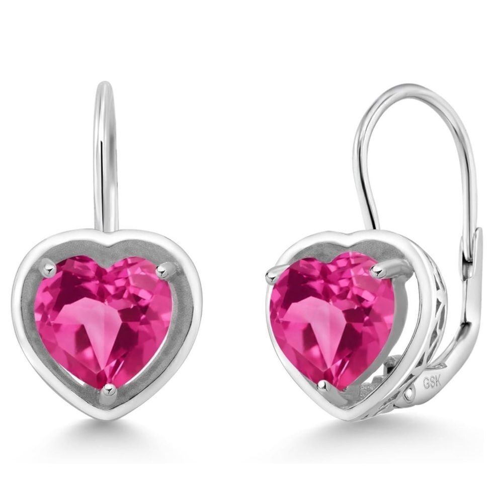 925 Sterling Silver with 2.80 Cttw 7MM Pink Sapphire Heart Leverback Earrings